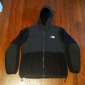Women's North Face black fleece jacket with hood. Size large